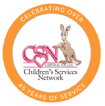 Children’s Services Network logo with a kangaroo holding toys, inside an orange ring that reads Celebrating Over 45 Years of Service.