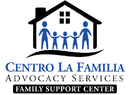 Logo for Centro La Familia Advocacy Services Family Support Center, featuring a house with four blue human figures holding hands inside, symbolizing family and support.