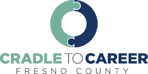 Logo for Cradle to Career Fresno County featuring a circular puzzle piece icon above the words Cradle to Career Fresno County, with the words in green, grey, and navy blue text.