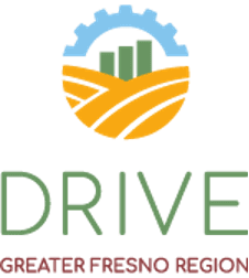 A logo with a circular design featuring green bars, yellow fields, and a blue gear above the word DRIVE in green, with Greater Fresno Region written below in red.