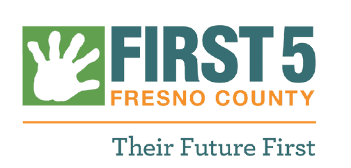 Logo for First 5 Fresno County featuring a white handprint in a green square, with the text FIRST 5 FRESNO COUNTY above an orange line and the phrase Their Future First below.