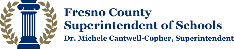 Logo with a blue column and laurel wreath beside the text Fresno County Superintendent of Schools, Dr. Michele Cantwell-Copher, Superintendent on a light background.