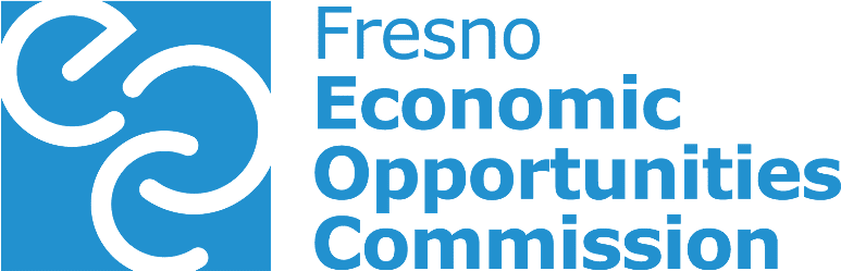 Logo of the Fresno Economic Opportunities Commission with three interlocking white circles on a blue square, and the organizations name in blue text to the right.