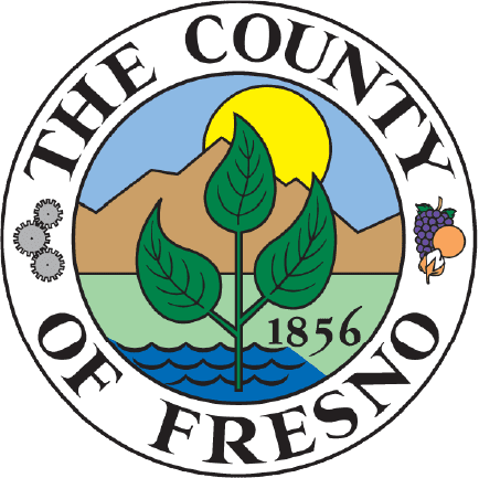 Seal of Fresno County showing three green leaves in front of mountains, a river, and the sun, with the year 1856. The border features gears on the left and fruit on the right, with text: The County of Fresno.